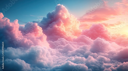 Dreamy sunset hues paint fluffy clouds, creating a breathtaking, ethereal sky scene