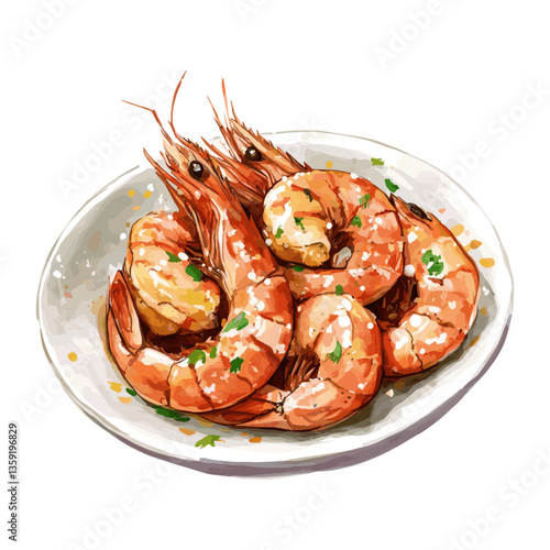 Illustration background white fried shrimp Asian-style vector