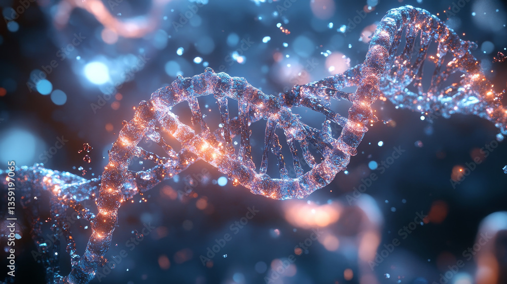 DNA helix. Hi Tech technology in field of genetic engineering. Digital nanostructure. 3D illustration on a futuristic background DNA helix. Hi Tech technology in field of genetic engineering. Digital nanostructure. 3D illustration on a futuristic background