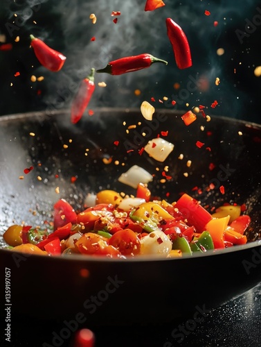 A pan of sizzling stir fry with a burst of spices, including red pepper flakes, freshly chopped garlic and ginger.