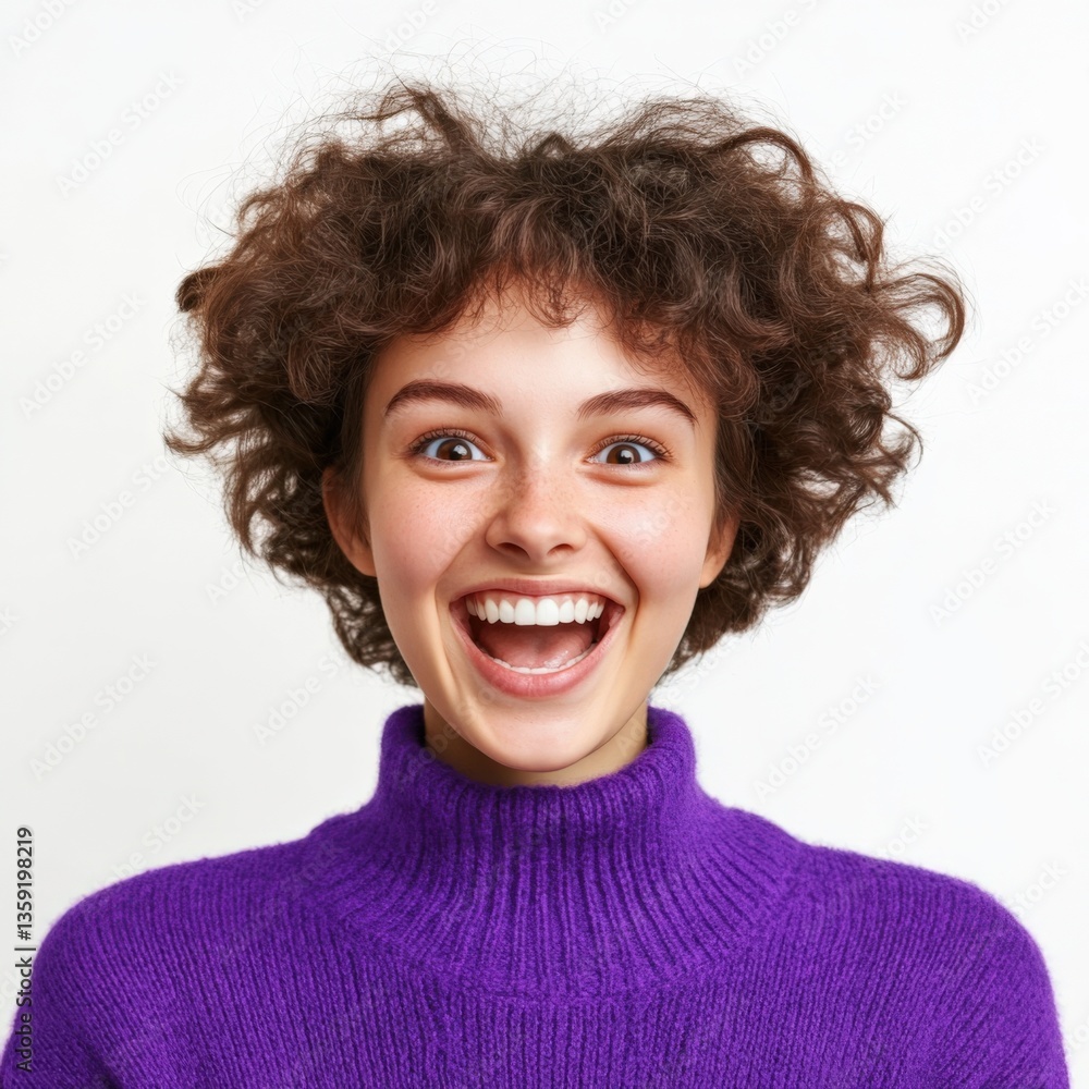 Woman with curly hair smiling broadly Woman with curly hair smiling broadly