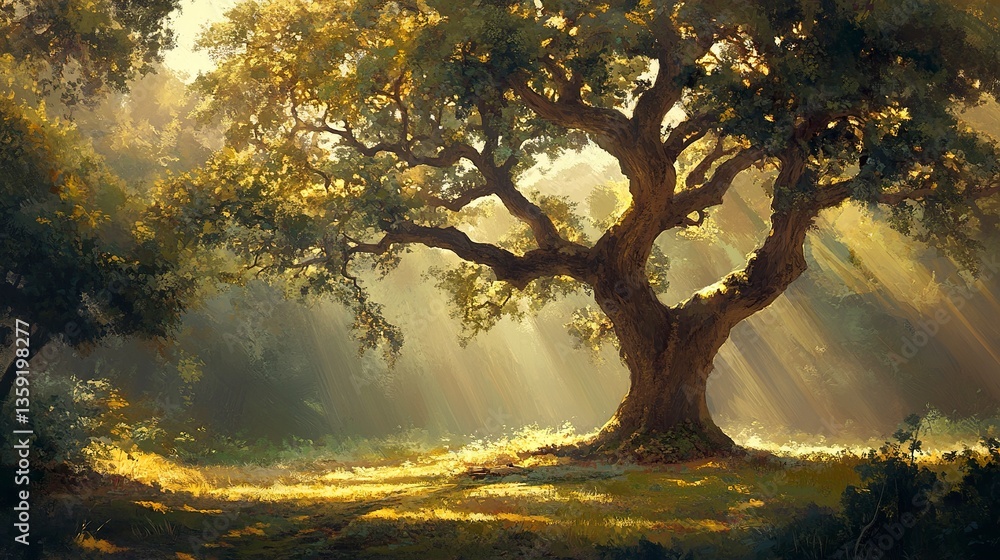 Fototapeta premium Tall oak tree in a sunlit forest clearing golden light filters through its branches serene and majestic presence. 