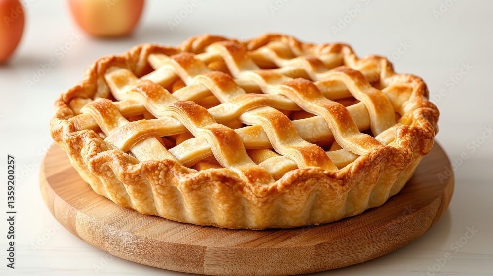 Golden-brown apple pie with a lattice crust, rests on a wooden board Golden-brown apple pie with a lattice crust, rests on a wooden board