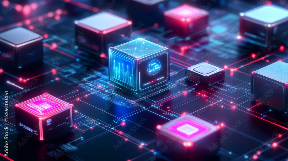 Smart city, digital future, quantum computer, cybersecurity, blockchain technology. 3D illustration of an information field with a block structure Smart city, digital future, quantum computer, cybersecurity, blockchain technology. 3D illustration of an information field with a block structure
