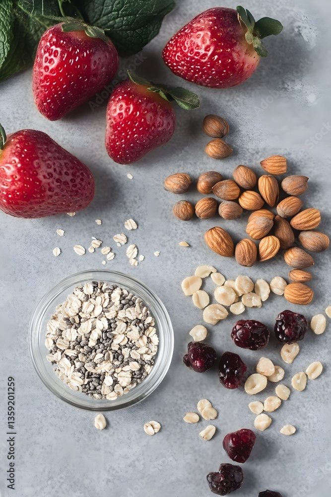 Delicious Healthy Breakfast Bowl, Strawberries, Oats, Nuts, and Cranberries Delicious Healthy Breakfast Bowl, Strawberries, Oats, Nuts, and Cranberries