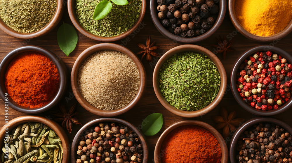 Selection of colorful spices on a wooden table in bowls Selection of colorful spices on a wooden table in bowls