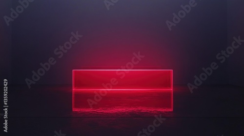 Glowing red rectangular box reflecting on dark floor. Minimalist, moody aesthetic