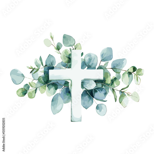Watercolor illustration white cross leaves leaf eucalyptus vector