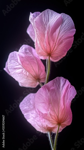 Delicate pink flowers illuminated against a dark background