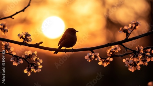 Silhouetted bird perched on a blossoming branch against a vibrant sunset