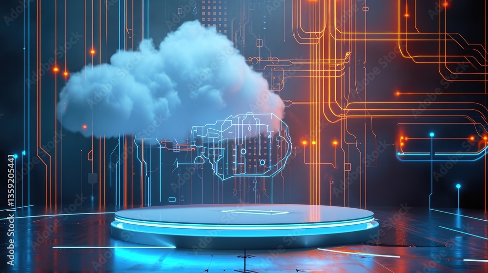 Cloud Computing Data Center Network Infrastructure. cloud computing infrastructure with neon lights illuminating a futuristic data center.