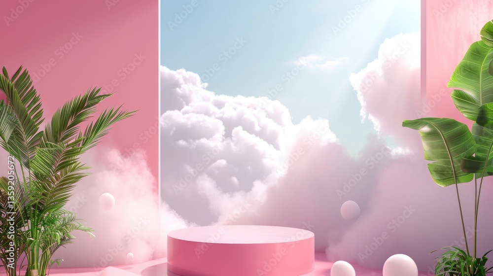 Pink Platform Display with Tropical Plants and Dreamy Clouds Backdrop