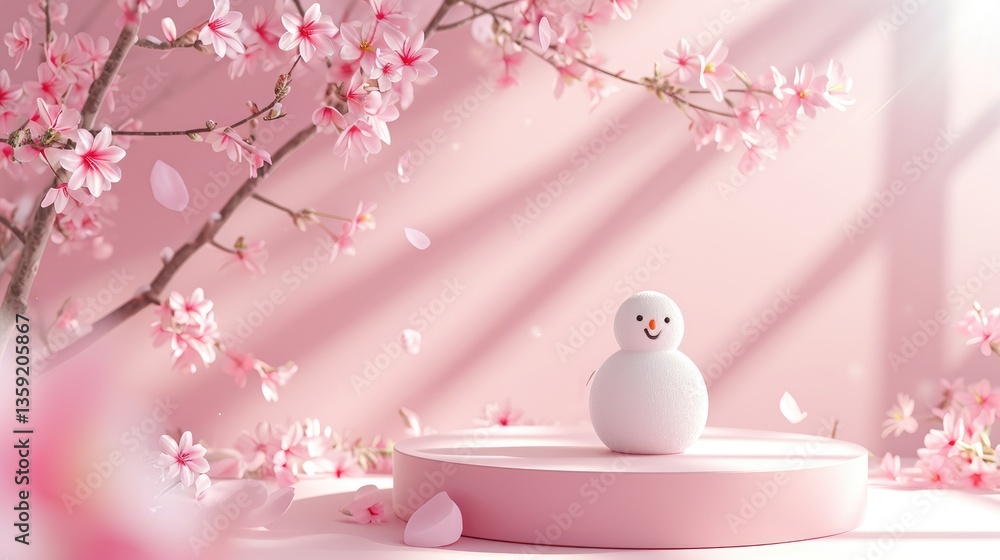 Pink Blossoms Surround A Cheerful Snowman On Pink Platform