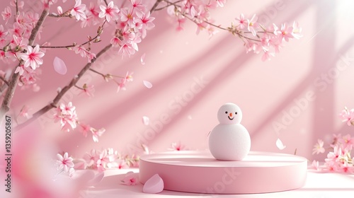 Pink Blossoms Surround A Cheerful Snowman On Pink Platform