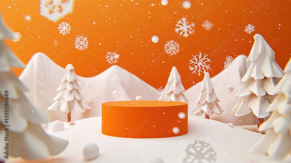 Orange Platform Winter Scene With Falling Snowflakes And Paper Trees
