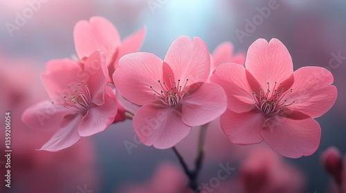 Soft pink blossoms softly lit, delicate petals, gentle background blur