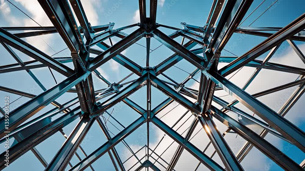 Modern architectural design featuring a detailed view of the steel frame structure and glass ceiling.