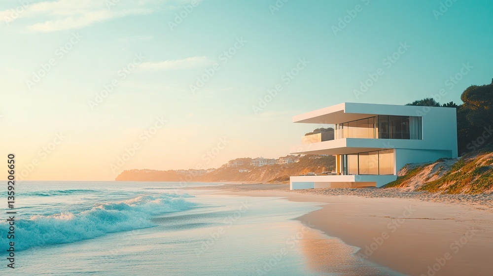 Fototapeta premium A sleek white villa perched on the shore, minimalist architecture with clean lines, turquoise waves gently lapping the beach, golden hour light illuminating the scene. 