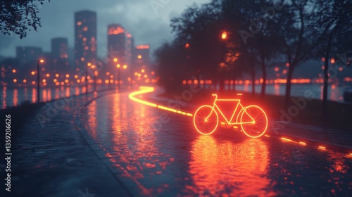 Neon bike path, rain, city lights