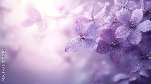 Delicate lavender flowers with water droplets, bathed in soft sunlight