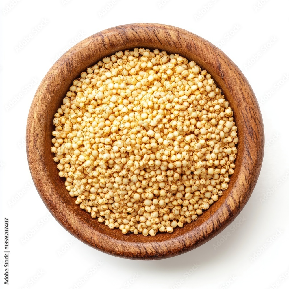 A wooden bowl holds isolated brown buckwheat and yellow mustard seeds, raw organic grains A wooden bowl holds isolated brown buckwheat and yellow mustard seeds, raw organic grains