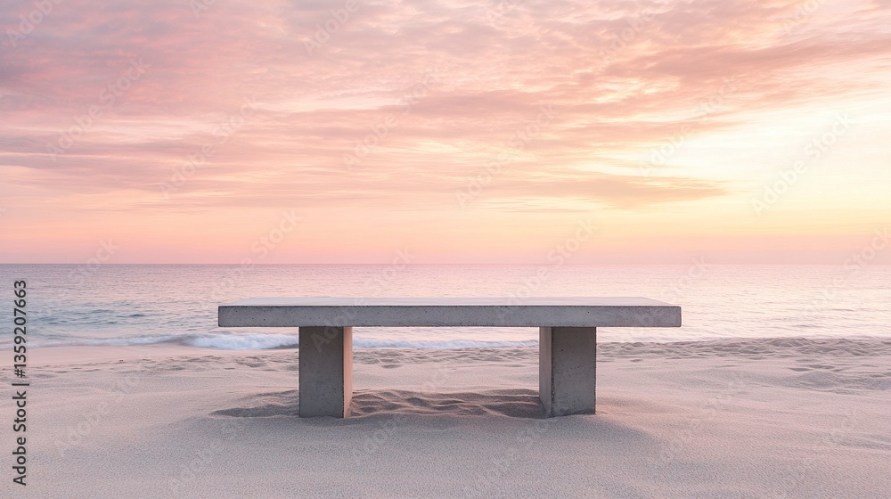 Bare concrete table on open sandy beach, ocean breeze visible in rippled sand patterns, soft pink and orange hues at sunset Bare concrete table on open sandy beach, ocean breeze visible in rippled sand patterns, soft pink and orange hues at sunset