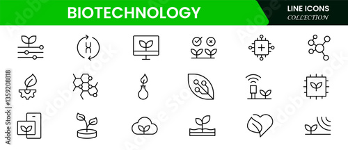  Biotechnology line icons. Includes icons for scientific, innovation, scientist, experiment, microscope, interaction, science. Minimalis  vector icon and illustration.