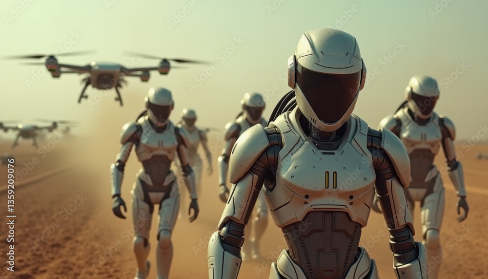 Fototapeta premium An artistic interpretation of weaponized AI and autonomous drones being used in the future. Promoting public awareness of new attack and defense technologies.