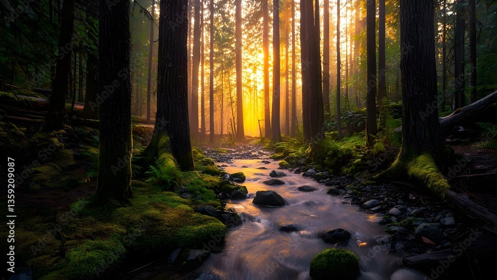 Fototapeta premium A serene forest scene at sunset, with tall trees, misty light, and a flowing stream surrounded by lush greenery. Concept Forest Sunset, Misty Light, Flowing Stream, Lush Greenery, Tranquil Nature