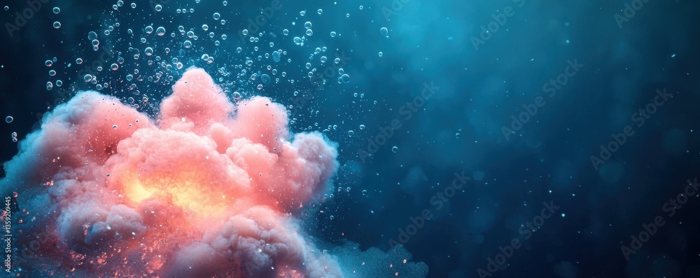 Fototapeta premium Pink and Orange Smoke Cloud with Sparkling Particles Against a Teal Background
