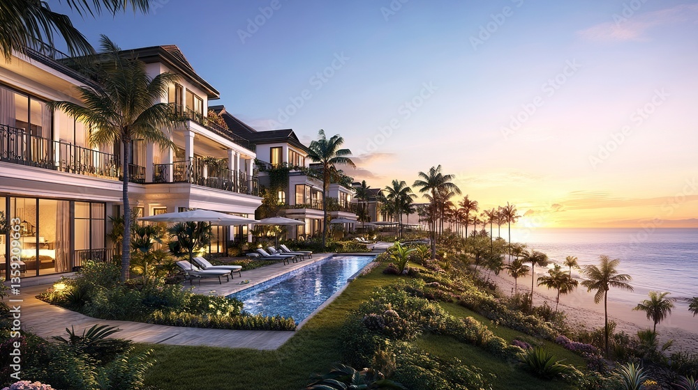 Fototapeta premium Beachfront resort estate with lavish villas, infinity pools reflecting sunset hues, lush palm-lined pathways, serene ocean backdrop, wide-angle emphasizing coastal opulence. 