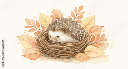 Spring awakening from hibernation hedgehog, Sleepy hedgehog nestled in a nest of leaves during spring awakening