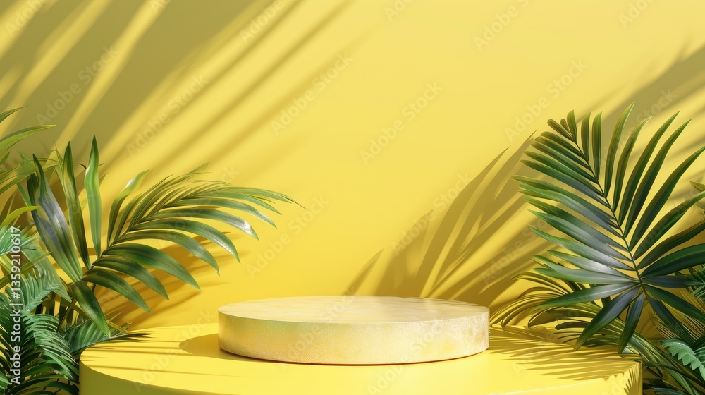 Obraz premium Golden cylindrical display platform sits on a yellow background, surrounded by lush green tropical leaves and dappled sunlight.