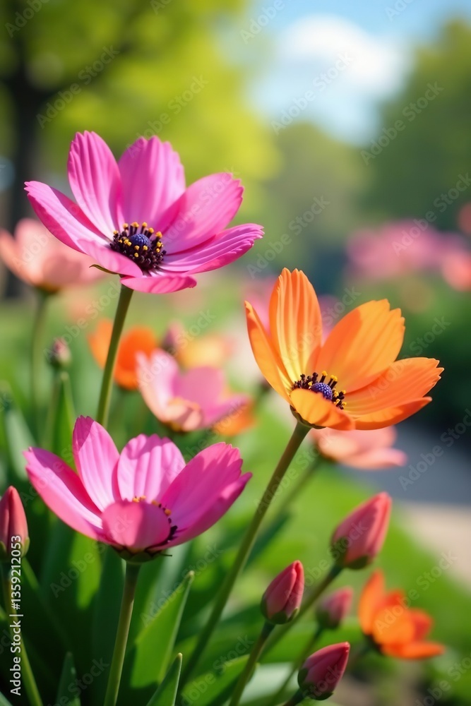 Fototapeta premium Beautiful blooming flowers in a sunny spring garden, sunlight, environment