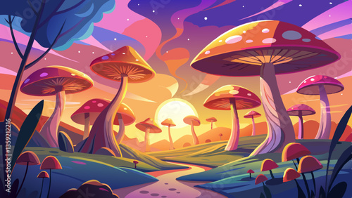 A whimsical landscape of vibrant mushrooms bathed in the soft glow of the setting sun, their caps reaching towards the ethereal sky, with a shimmering 