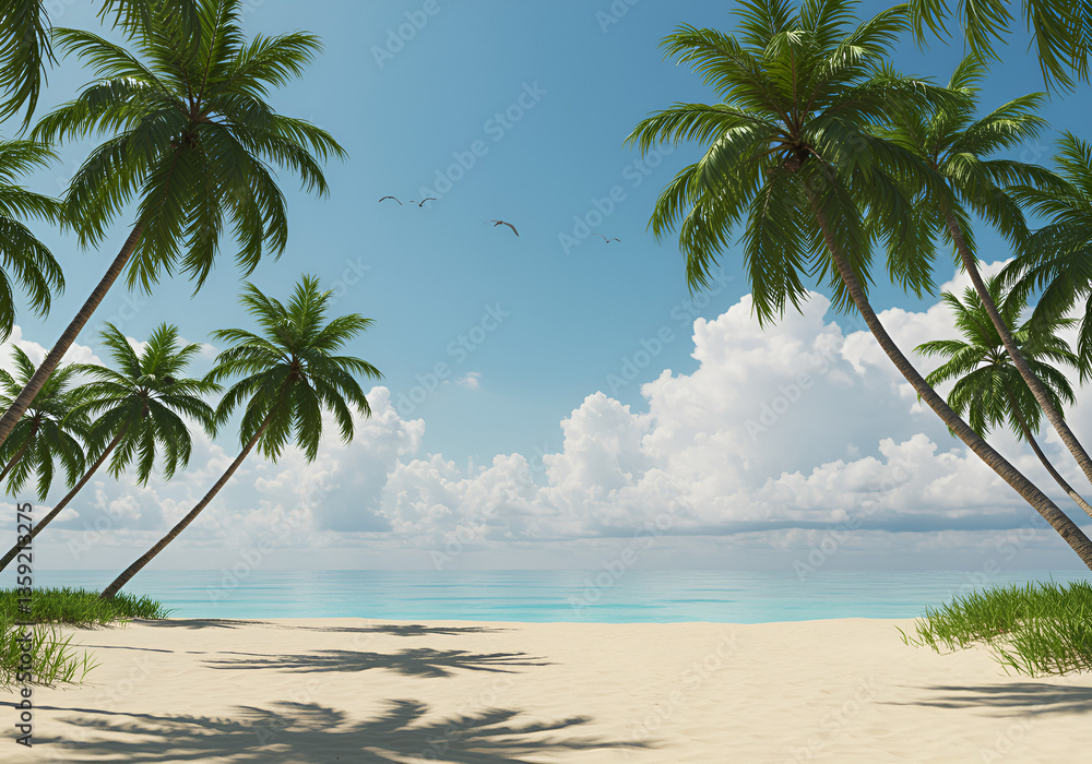Fototapeta premium Tropical Beach with Palm Trees and Clear Sky - Peaceful Seaside View.