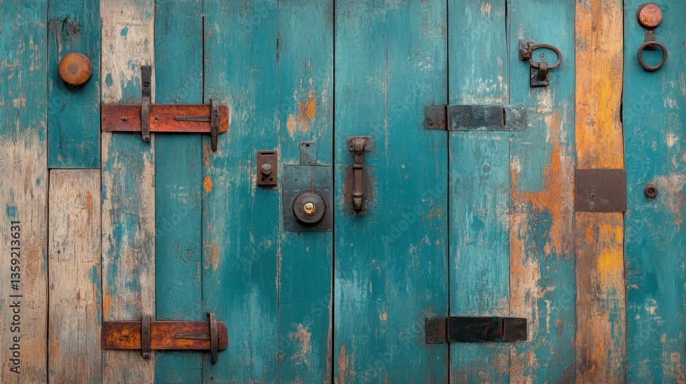 Aged teal wooden door with hardware Aged teal wooden door with hardware