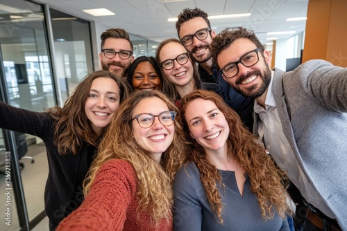 Group of cheerful colleagues taking selfie in office