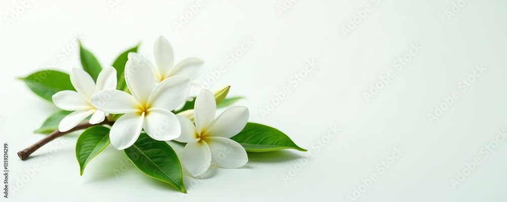 Obraz premium Beautiful flowers of jasmine plant with green leaves on white background, fragrant, summer