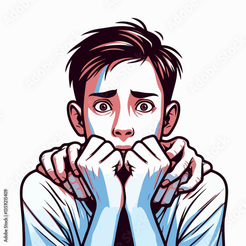 Anxious Boy: A close-up illustration of a young boy in a state of anxiety, hands covering his mouth, conveying a sense of fear and worry.