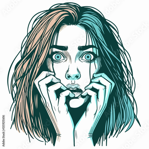 Intense Apprehension: A close-up illustration of a woman's face dramatically conveying intense fear, anxiety, and shock, her eyes wide with terror and a palpable sense of vulnerability. 