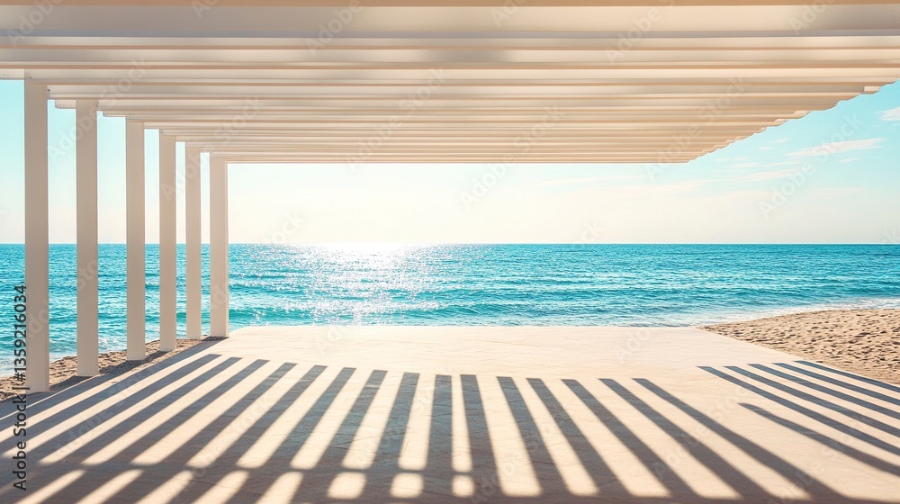Fototapeta premium Coastal architecture, modern outdoor structure with sharp lines, vibrant beach surroundings, sunlight casting gentle shadows 