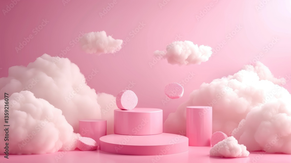 Pink cylindrical platforms amidst fluffy white clouds against a pink backdrop Pink cylindrical platforms amidst fluffy white clouds against a pink backdrop