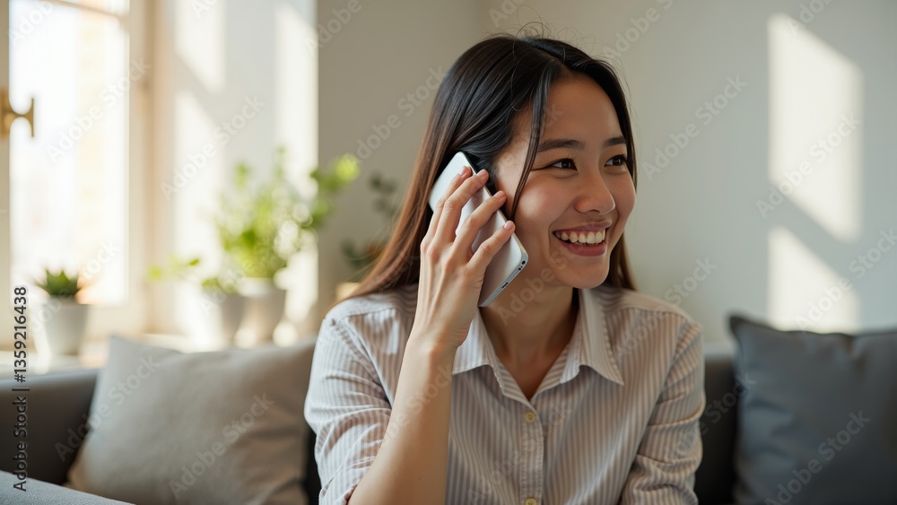 A cheerful woman is sitting on a couch and talking on her phone, radiating happiness. A cheerful woman is sitting on a couch and talking on her phone, radiating happiness.