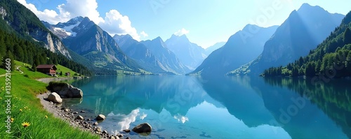 Beautiful landscape of Lake Staz in Engadin, Canton Graubunden, Switzerland with crystal clear waters surrounded by majestic mountains,  adventure,  Canton Graubunden