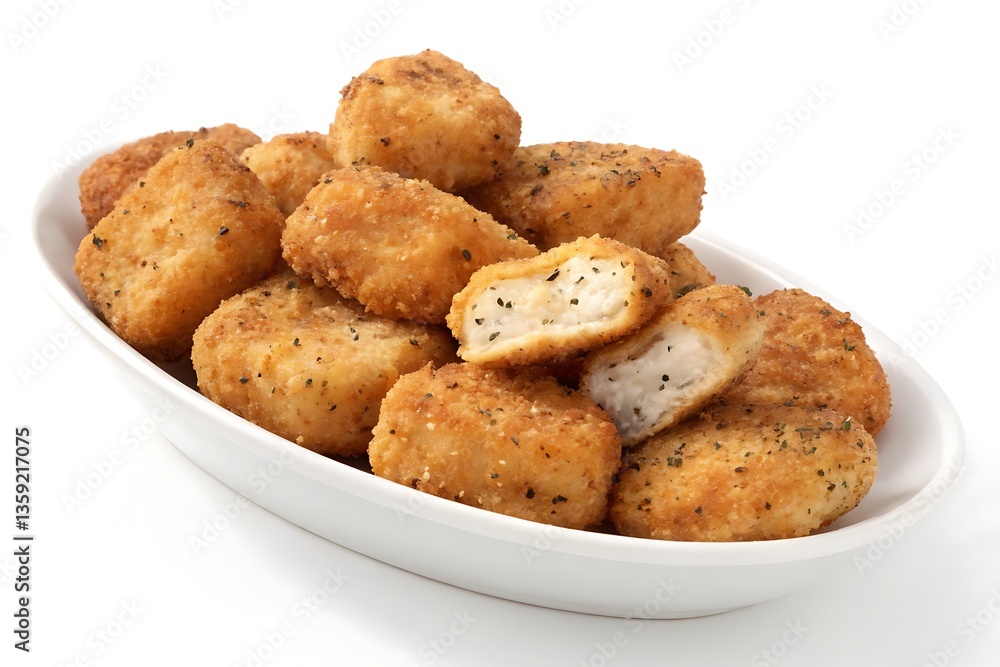 Delicious Golden Brown Crispy Chicken Nuggets in a White Oval Dish Delicious Golden Brown Crispy Chicken Nuggets in a White Oval Dish