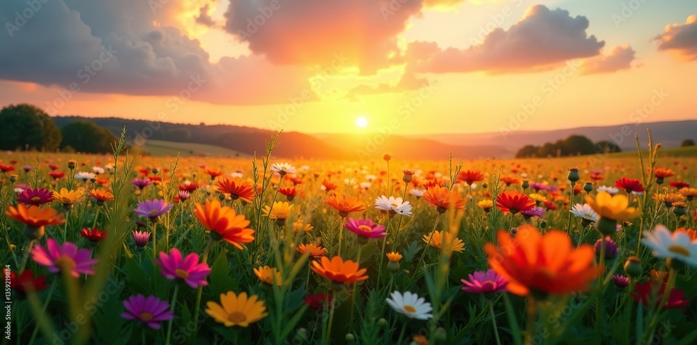 Obraz premium Beautiful meadow with colorful wildflowers under a stunning sunset sky, with sun flare creating a dreamy backdrop, Sky, Bokeh