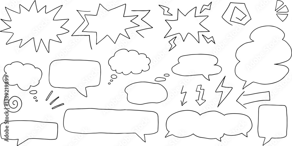 Fototapeta premium drawn with black curved lines hand drawn shapes silhouettes speech bubbles and thought bubbles, arrows lightning, explosions, arrows, scribbles, spirals. Isolated elements