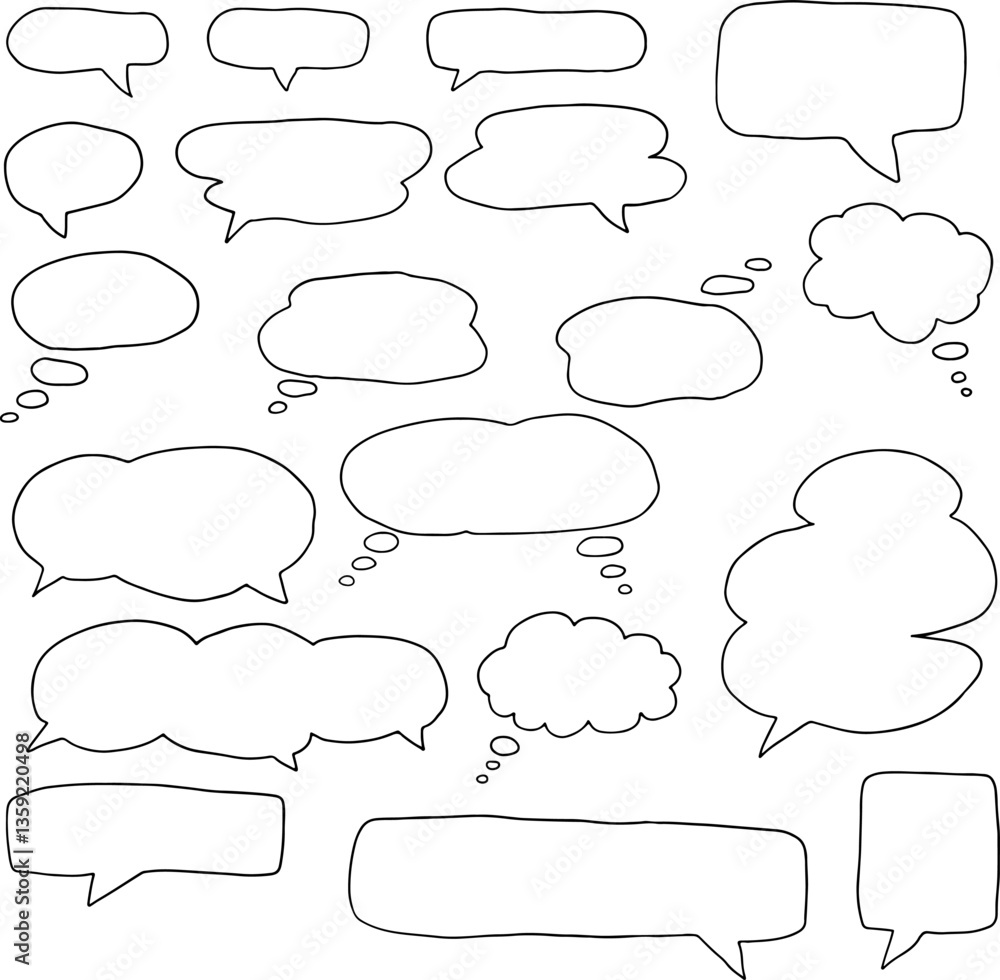 Fototapeta premium hand drawn figures silhouettes of speech bubbles, thought bubbles drawn with black curved lines. Isolated elements. Ideal for pop art, graphic design, vector illustrations