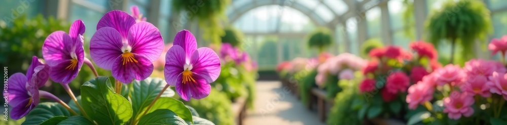 Blooming violets in modern greenhouse with selective focus, flora, blooming Blooming violets in modern greenhouse with selective focus, flora, blooming